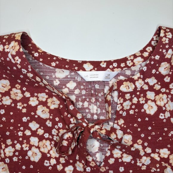 LC Lauren Conrad Womens Lightweight Boho Top Size 3X Red Floral Tie V Neck Fairy - Picture 2 of 9